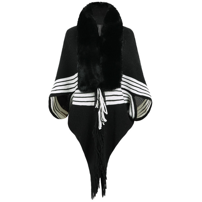 Women's Knitted Striped Fur Collar Fringed Cape Cardigan