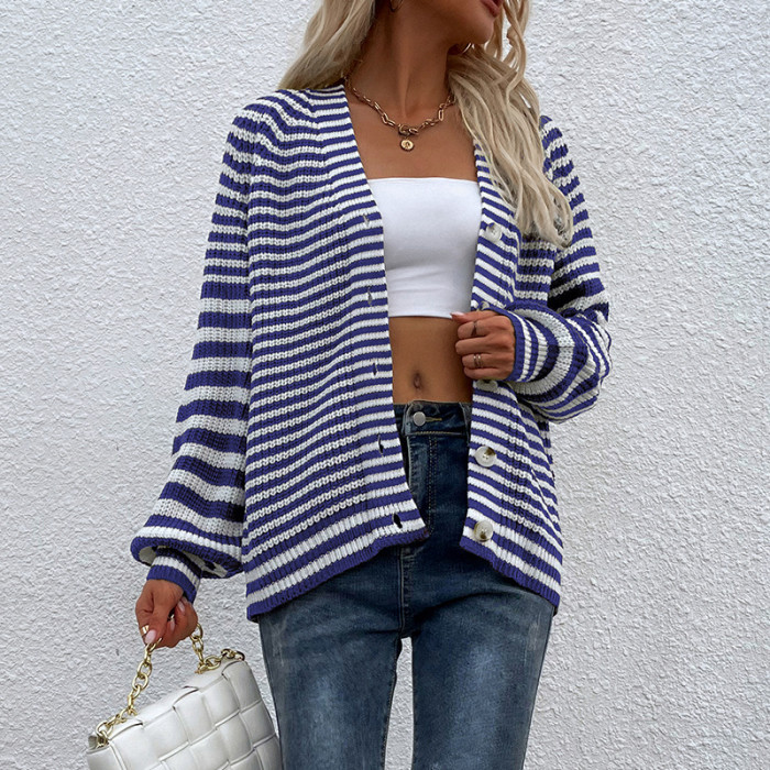 New Casual Striped V Neck Knitted Cardigan