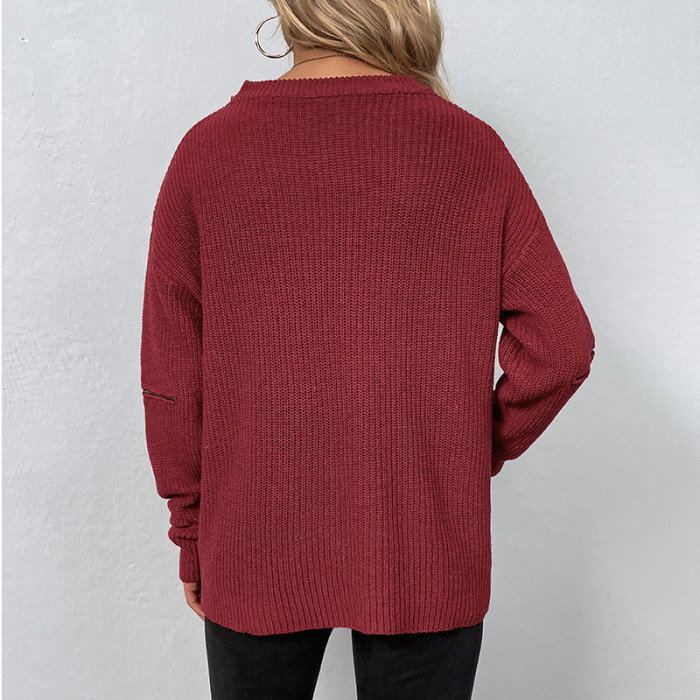 Women's V-neck Solid Color Knitted Sweater