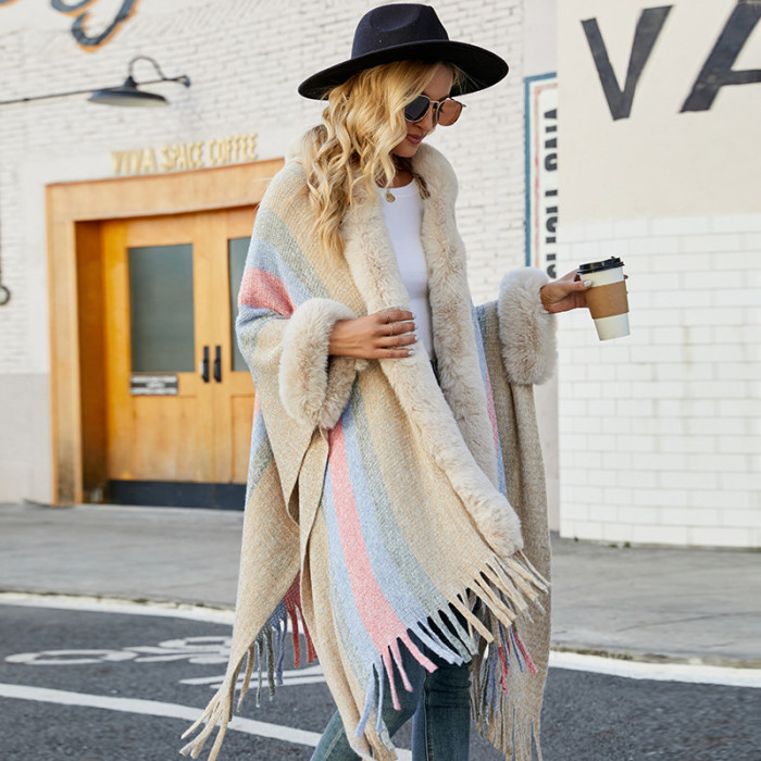 Women's New Striped Knitted Tassel Cape Cardigan