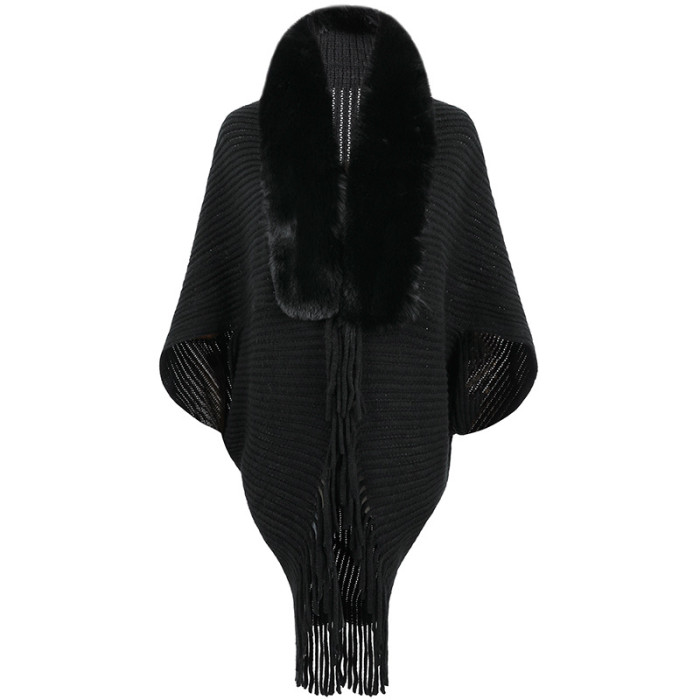 Women's New Tassel Fur Collar Knitted Cape Cardigan