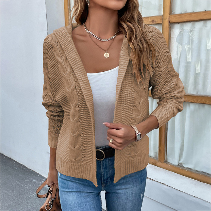 Women’s New Solid Color Hooded Knitted Cardigan