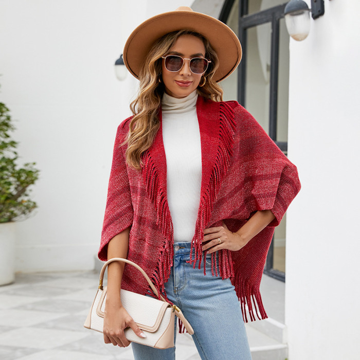 Women's New Knitted Striped Tassel Shawl Cardigan