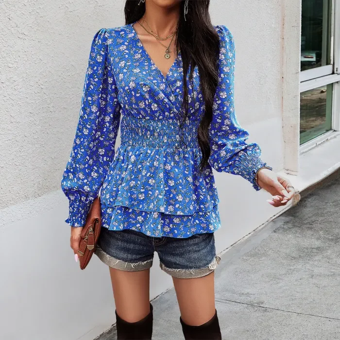 Floral Print Ruffle V-Neck Long Sleeve Blouse main image 0