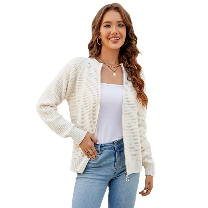 Women's New Solid Color Zip Knitted Cardigan