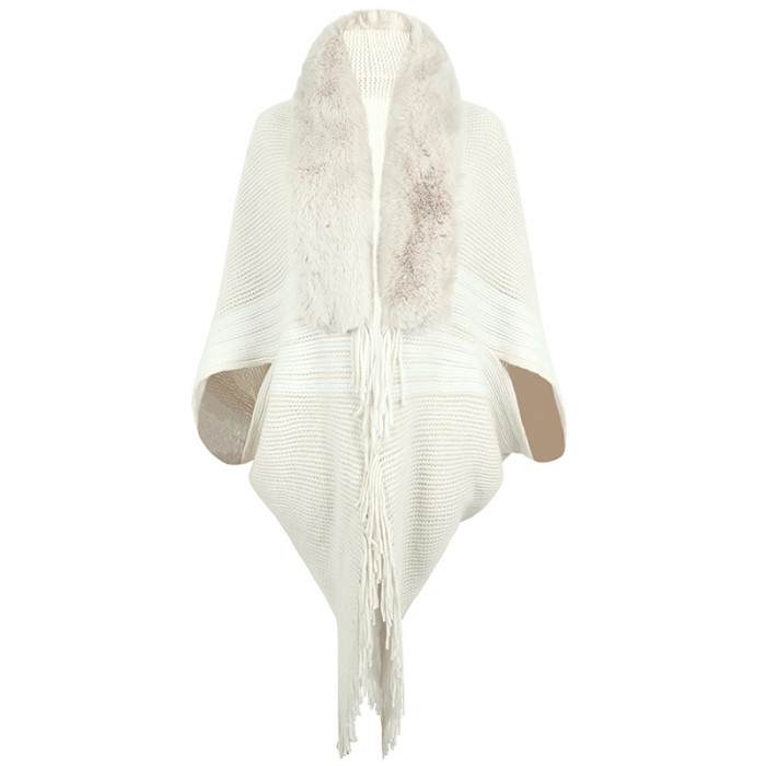 Women's Knitted Striped Fur Collar Fringed Cape Cardigan
