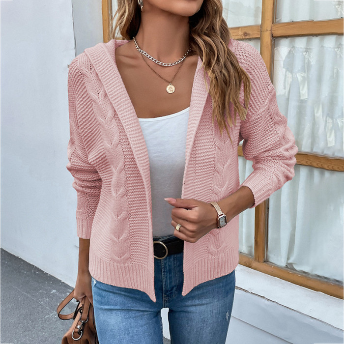Women’s New Solid Color Hooded Knitted Cardigan