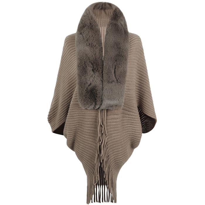 Women's New Tassel Fur Collar Knitted Cape Cardigan