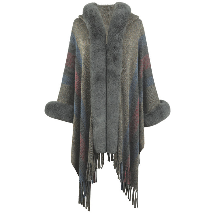 Women's New Striped Knitted Tassel Cape Cardigan