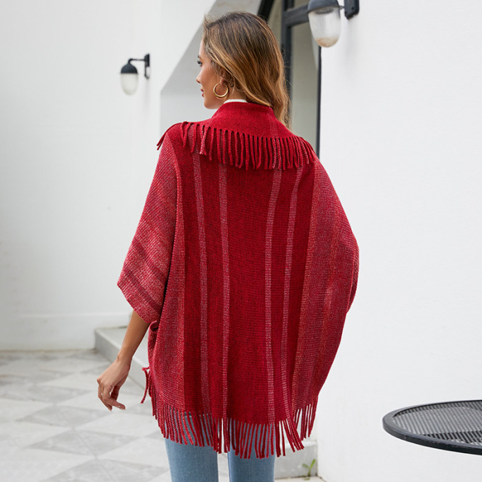 Women's New Knitted Striped Tassel Shawl Cardigan