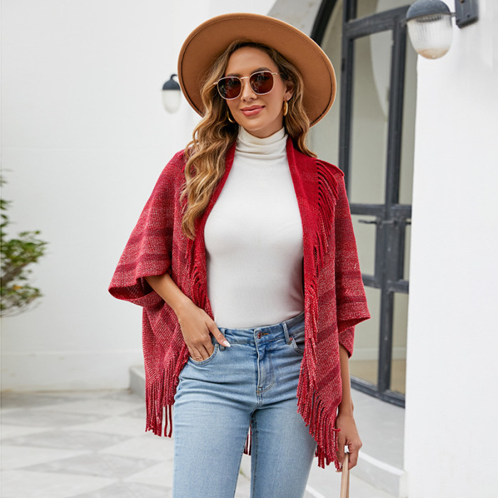 Women's New Knitted Striped Tassel Shawl Cardigan