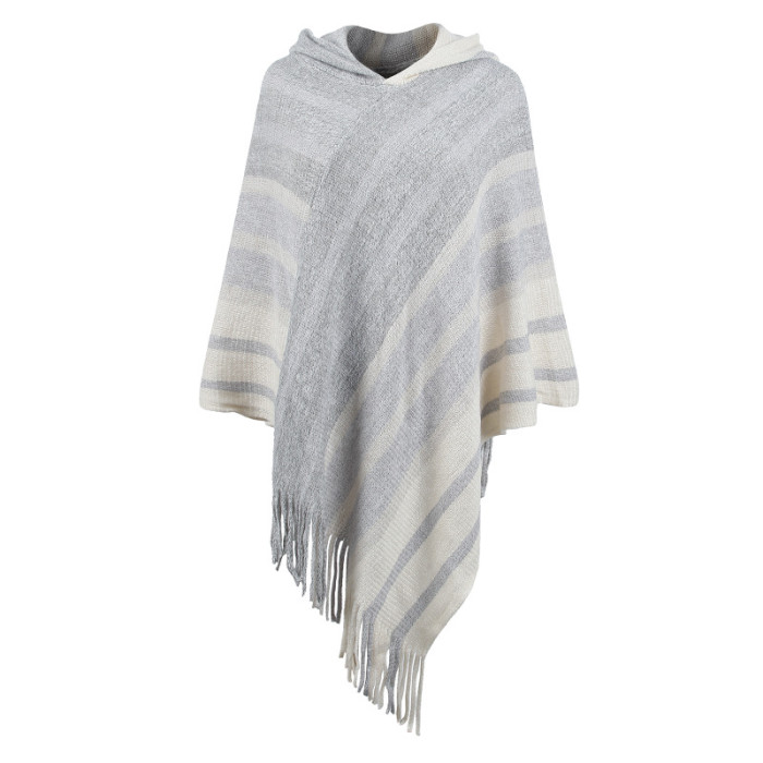 Women's Striped Knitted Fringed Shawl Cardigan