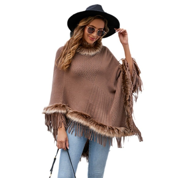 Women's New Solid Color Loose Knitted Fringed Cape Cardigan