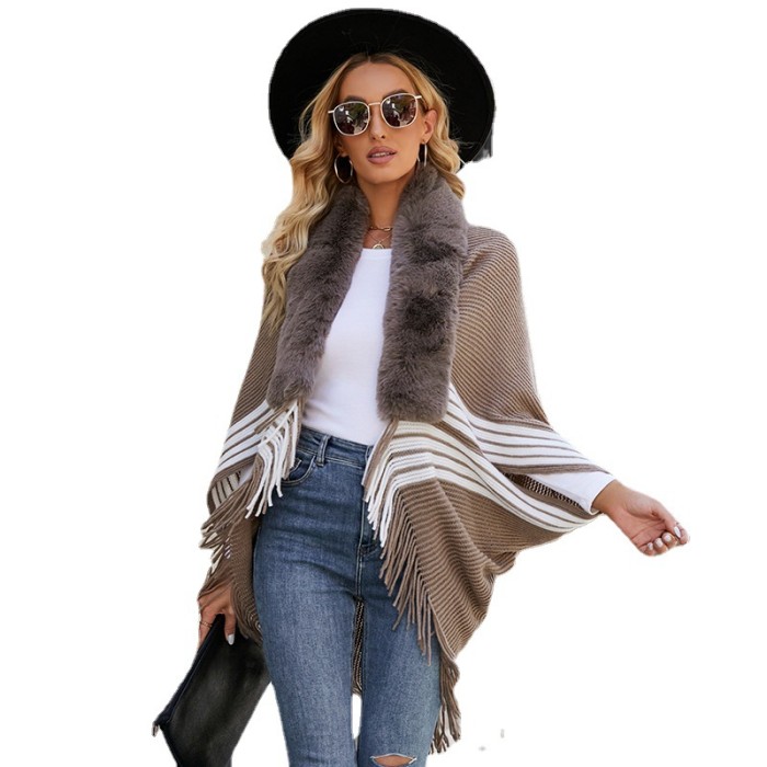 Women's Knitted Striped Fur Collar Fringed Cape Cardigan
