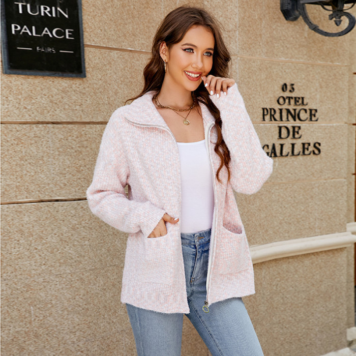 Women's New Casual Lapel Zipper Knitted Cardigan