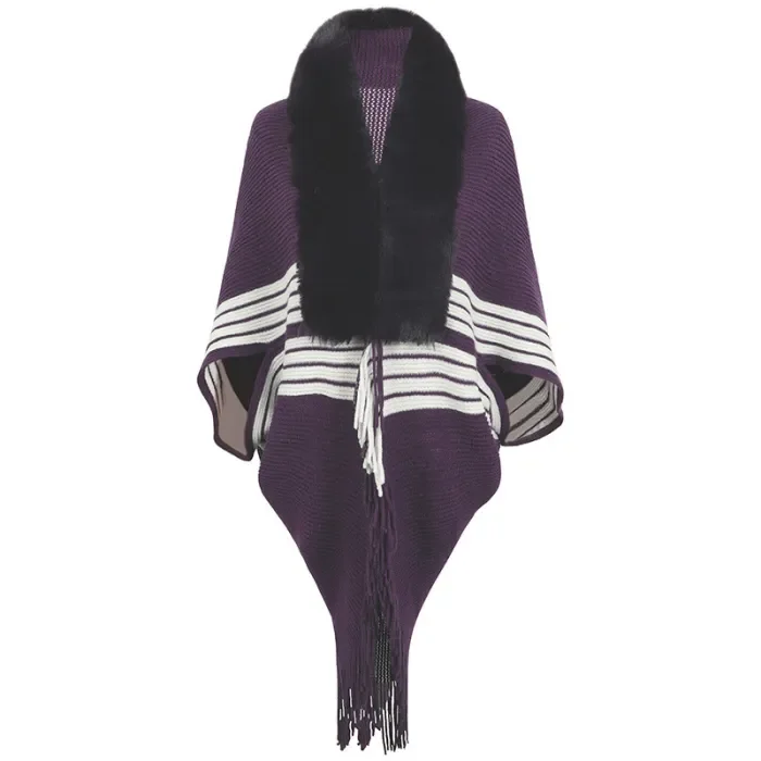 Women's Knitted Striped Fur Collar Fringed Cape Cardigan