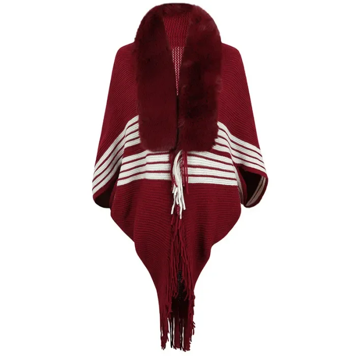 Women's Knitted Striped Fur Collar Fringed Cape Cardigan