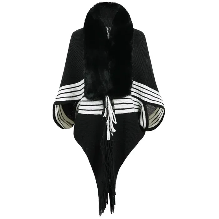 Women's Knitted Striped Fur Collar Fringed Cape Cardigan