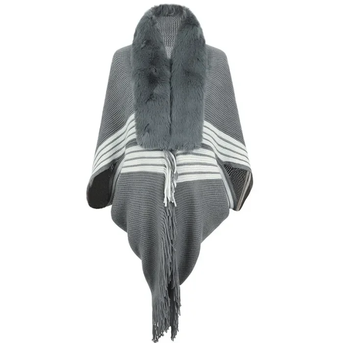 Women's Knitted Striped Fur Collar Fringed Cape Cardigan