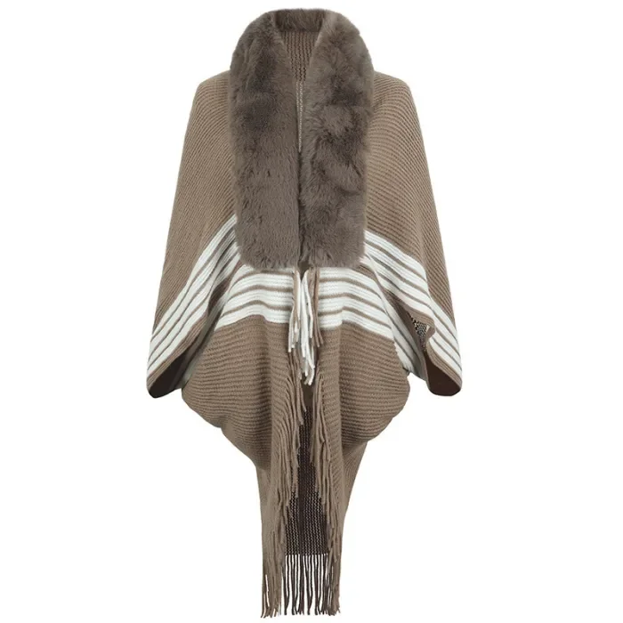 Women's Knitted Striped Fur Collar Fringed Cape Cardigan