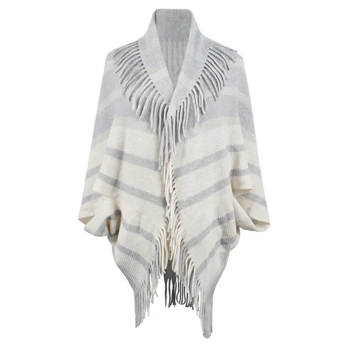 Women's New Knitted Striped Tassel Shawl Cardigan