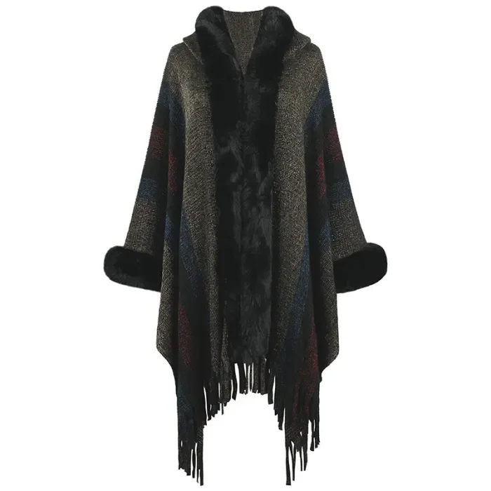 Women's New Striped Knitted Tassel Cape Cardigan