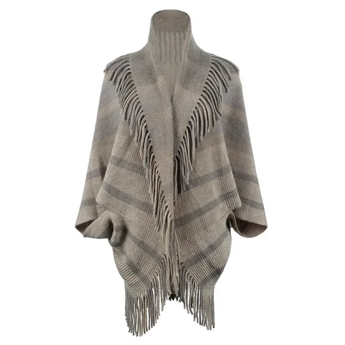 Women's New Knitted Striped Tassel Shawl Cardigan