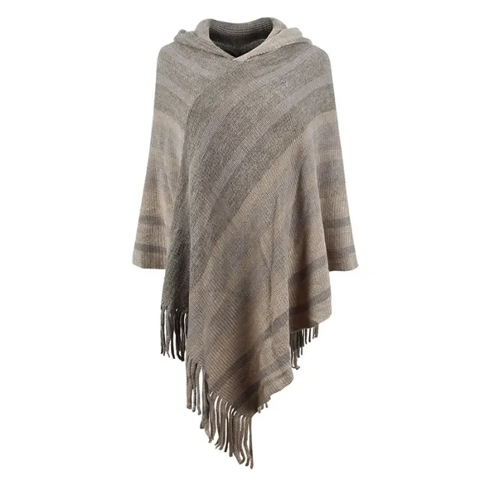 Women's Striped Knitted Fringed Shawl Cardigan