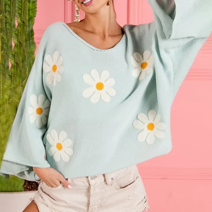 Women's Casual V-Neck Flower Embroidered Loose Sweater