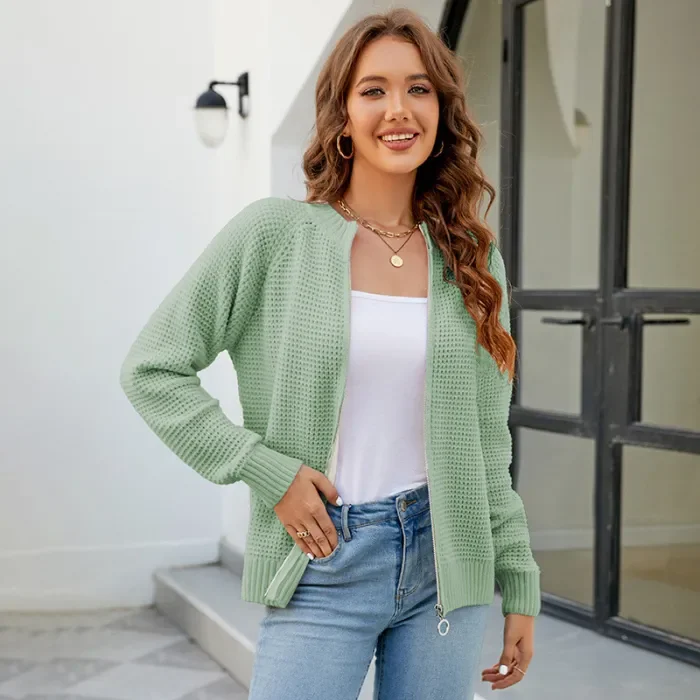 Women's New Solid Color Zip Knitted Cardigan