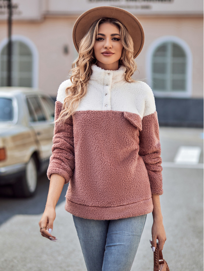 New Fashion Women's Patchwork Color Plush Top