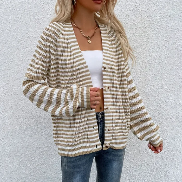 Knitted Striped Printed Loose V-neck Long-sleeved Casual Cardigan main image 1