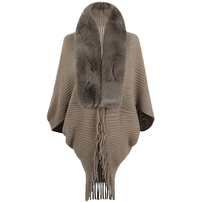 Women's New Tassel Fur Collar Knitted Cape Cardigan