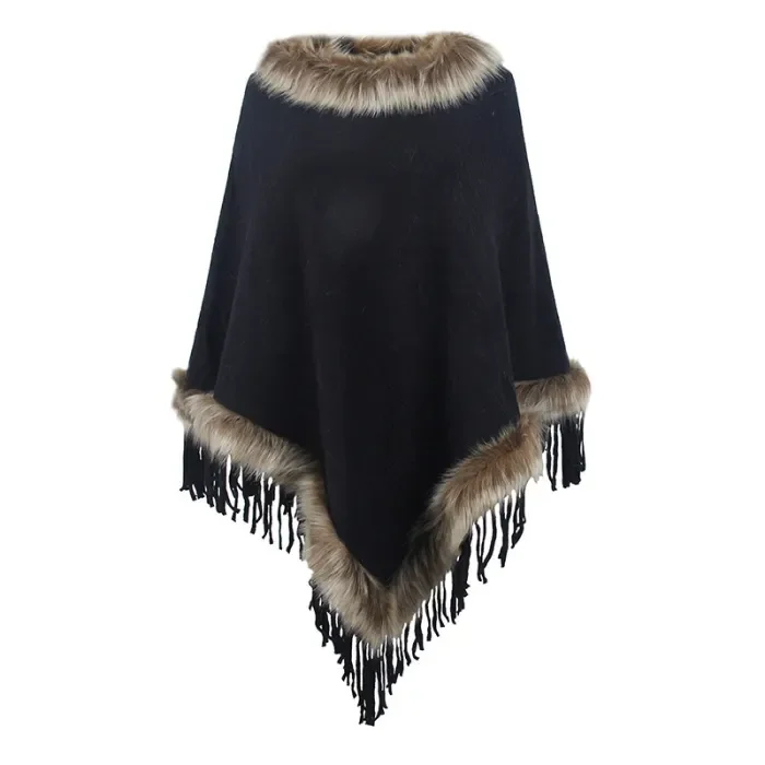 Women's New Solid Color Loose Knitted Fringed Cape Cardigan