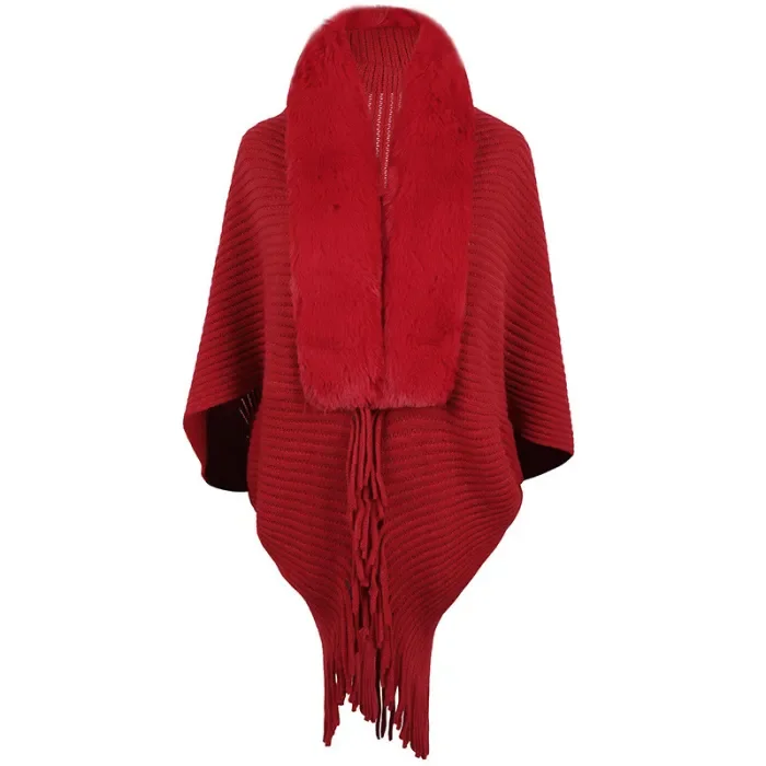 Women's New Tassel Fur Collar Knitted Cape Cardigan