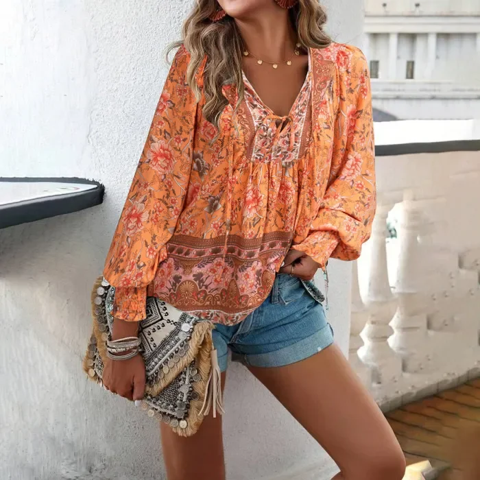 Women's Casual V Neck Long Sleeve Printed Blouse