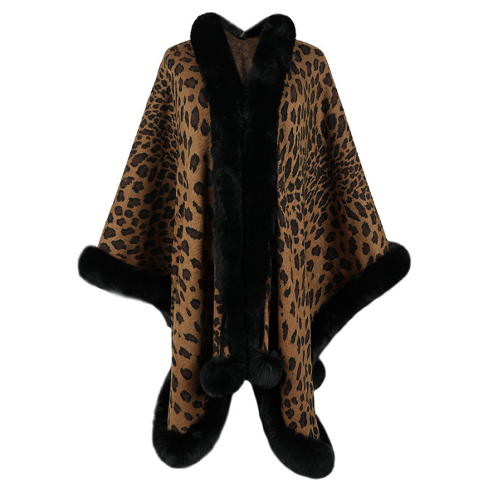 Women's New Fur Collar Leopard Print Cape Cardigan