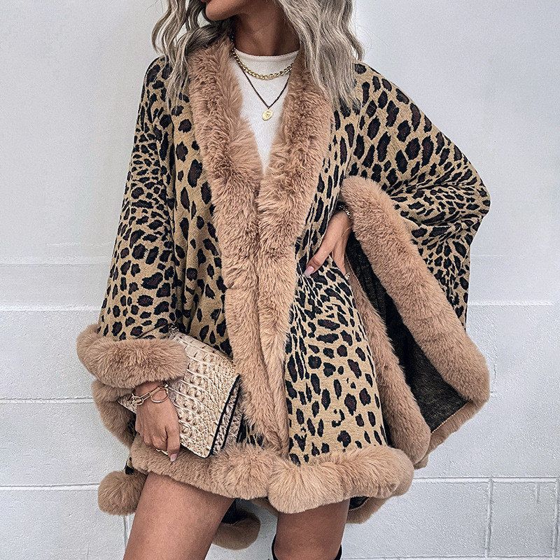 Women's New Fur Collar Leopard Print Cape Cardigan