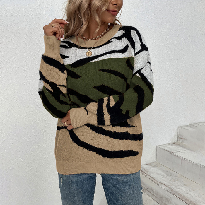 Women's Fashion Printed Round Neck Knitted Sweater