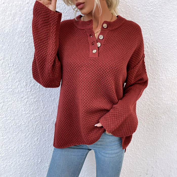 New Women's Round Neck Button Knitted Sweater