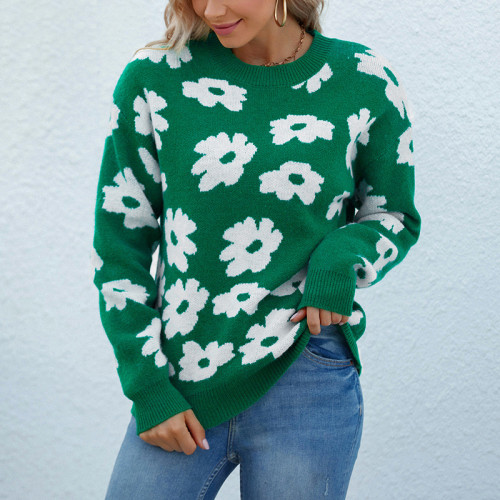 New Women's Round Neck Floral Knitted Sweater