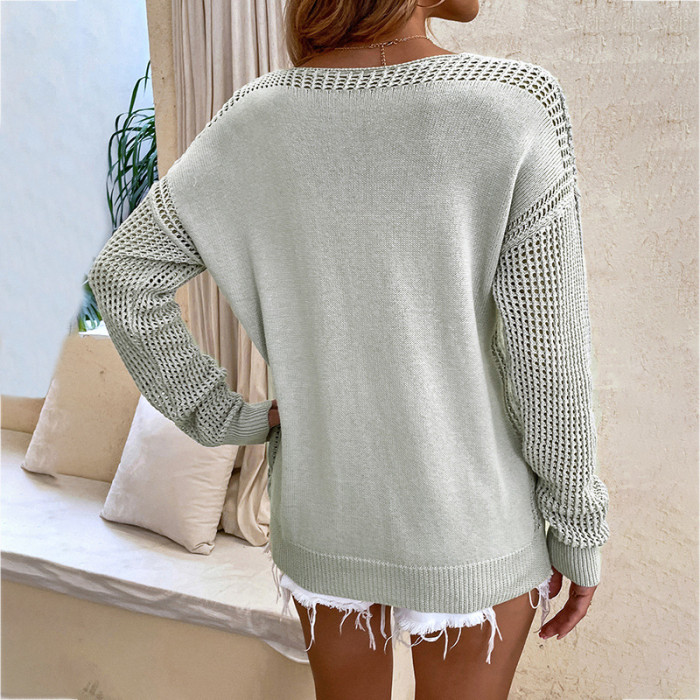 Women's New V-Neck Solid Color Knitted Hollow Sweater