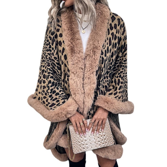 Women's New Fur Collar Leopard Print Cape Cardigan