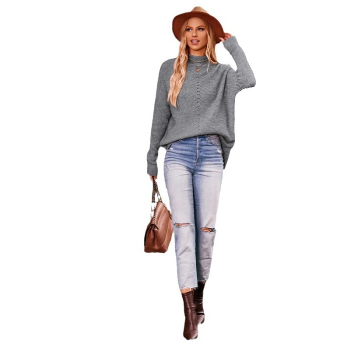 New Women's Solid Color Round Neck Pullover Knitted Sweater