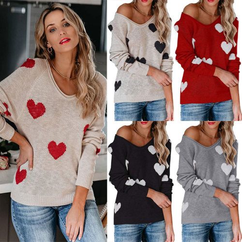 Women's New Loose Love V-Neck Knitted Pullover Sweater