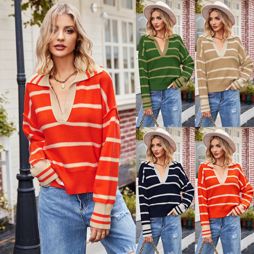 Women's New Fashion Stitched Lapel Loose Striped Knitted Sweater