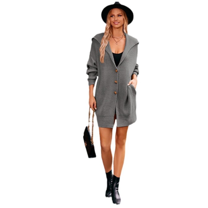 New Women's Solid Color Lapel Mid-Length Knitted Cardigan Coat