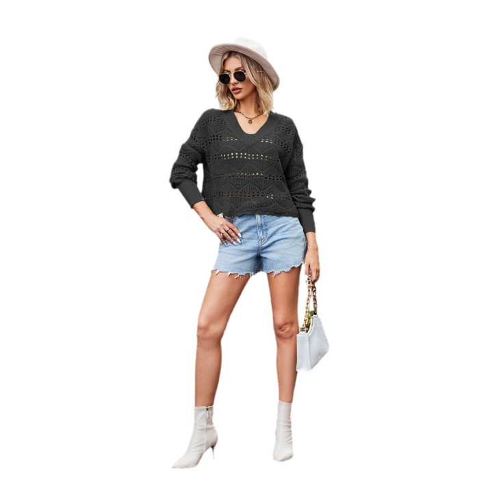 New Women's V-neck Hollow Sexy Knitted Sweater