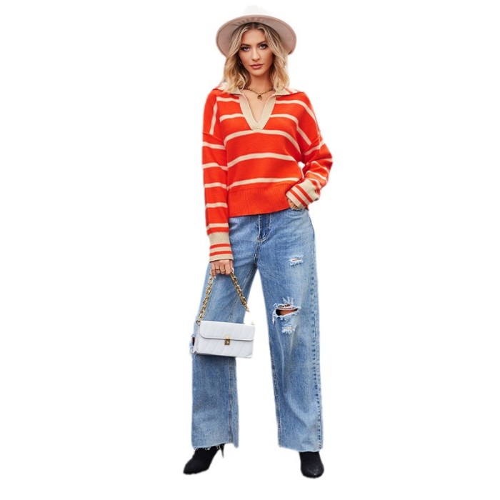 Women's New Fashion Stitched Lapel Loose Striped Knitted Sweater
