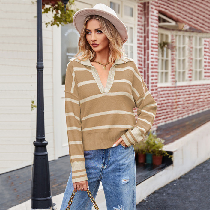 Women's New Fashion Stitched Lapel Loose Striped Knitted Sweater